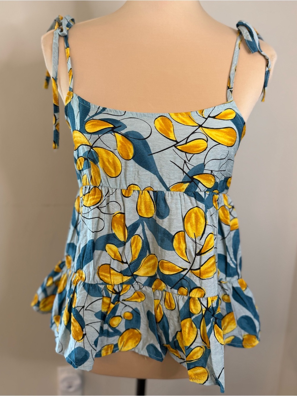 Mine floral teal yellow ruffle crop top spaghetti straps SM
